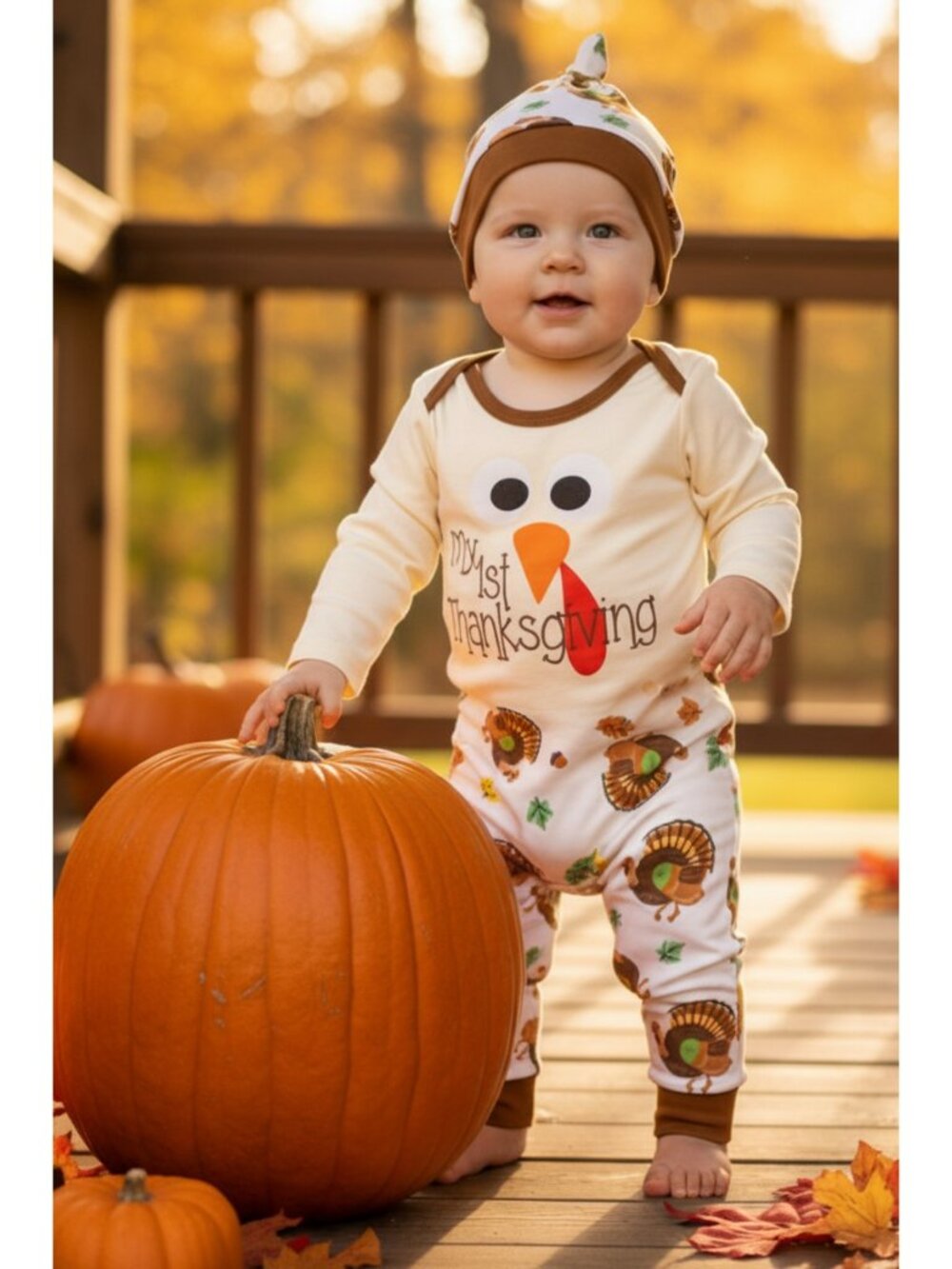 Baby My 1st Thanksgiving Turkey Bodysuit Pants Hat 3-Piece Outfit Set Boy Girl